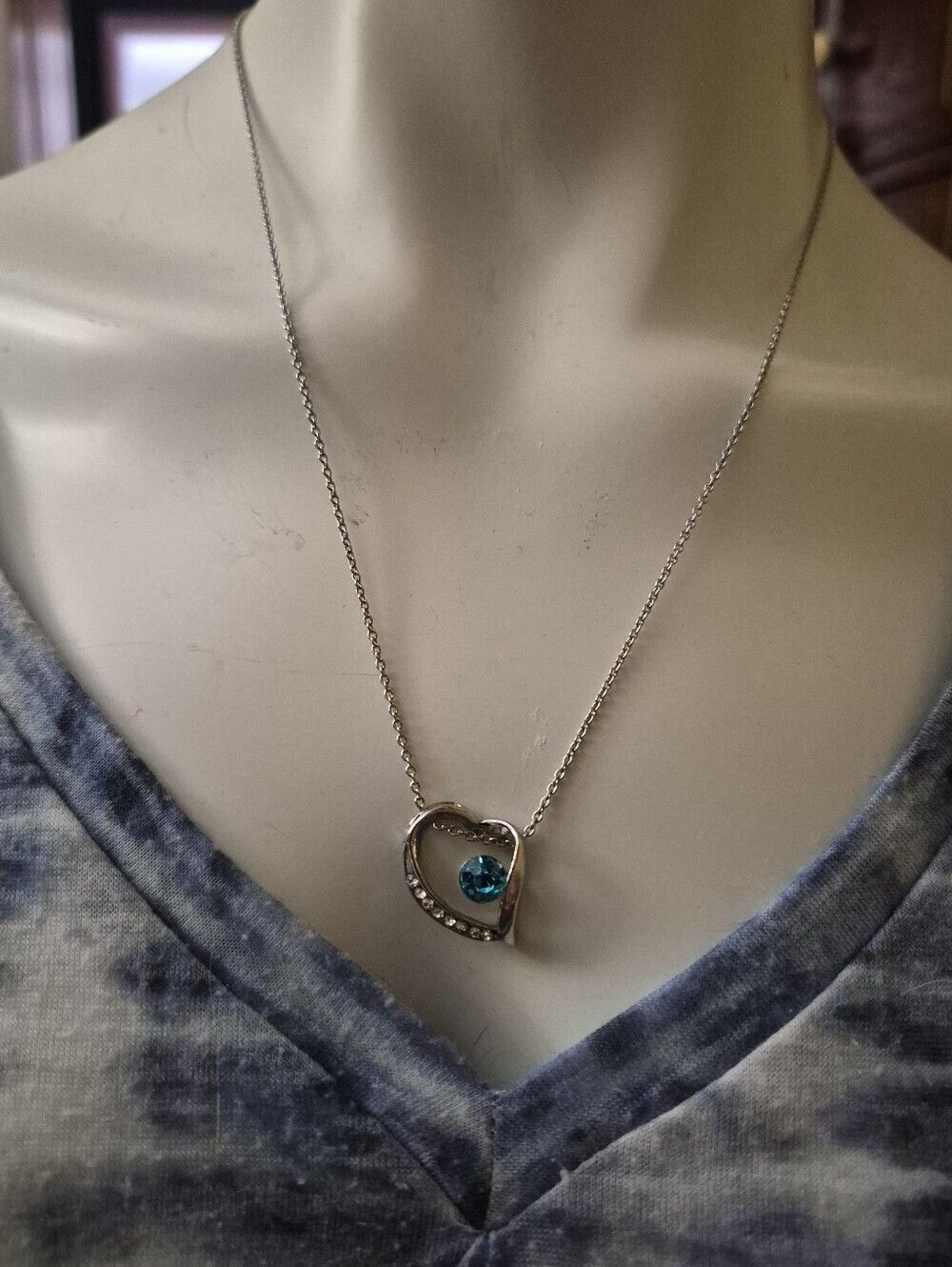 Silver Tone Open Heart Floating March Birthstone Pendant Necklace